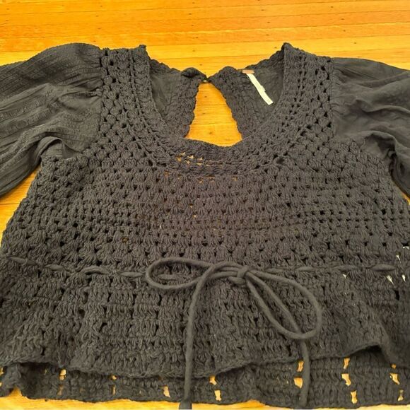Free People Megan Crochet Knit Peplum Puff Sleeve Crop Tassel long sleeve top - Picture 3 of 6
